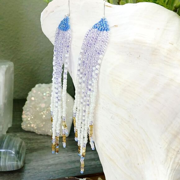 Beaded Fringe Dangle Earrings, Seed Bead Jewelry, Statement Boho Chic Artisan - Picture 7 of 14